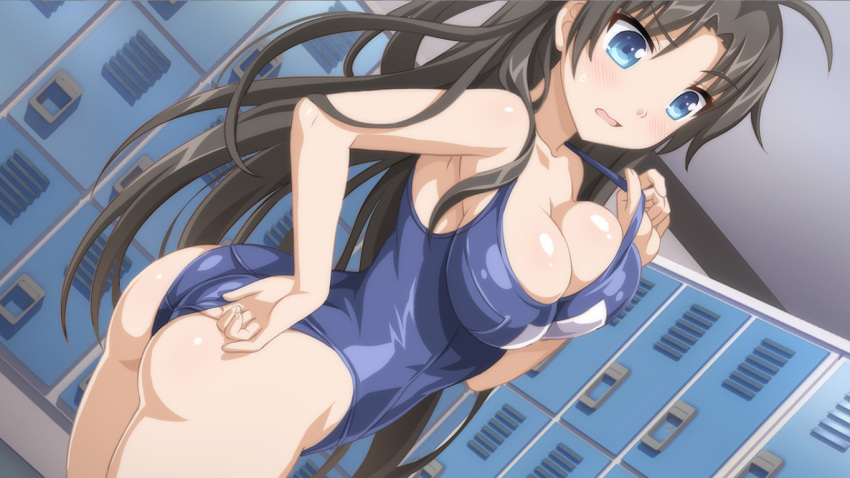 1girls ass big_ass black_hair blue_eyes blush breasts game_cg large_breasts long_hair mieko_(sakura_swim_club) sakura_swim_club school_swimsuit swimsuit wanaca winged_cloud