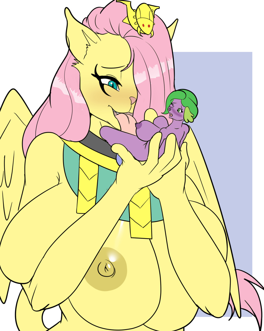 4:5 absurdres alternate_species anthro blush breast_squish breasts canid canine cunnilingus duo feathered_wings feathers felid female fluttershy_(mlp) friendship_is_magic furry highres huge_breasts large_breasts larger_female licking macro mammal my_little_pony mythological_sphinx mythology nude oral sex size_difference skyearts smaller_female smooth_skin spike_(mlp) squish tongue tongue_out vaginal_penetration vayguard wings yuri