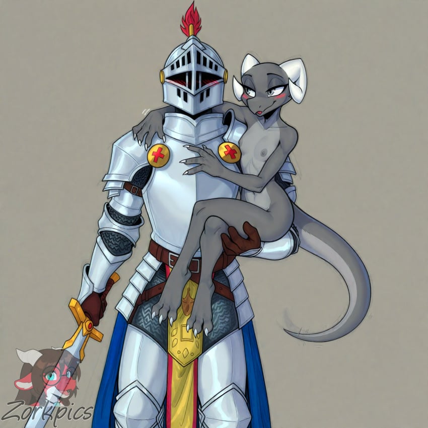 1boy ai_generated blushing_male blushing_through_mask breastplate carrying_partner countershading crossed_legs curled_horns digitigrade faceless_male female female full_armor full_body grey_body grey_eyes grey_nipples grey_scales holding_sword horns knight kobold larger_male lithe looking_at_another male nipples petite plate_armor scalie simple_background sitting_on_another size_difference small_breasts standing tail zorkpics