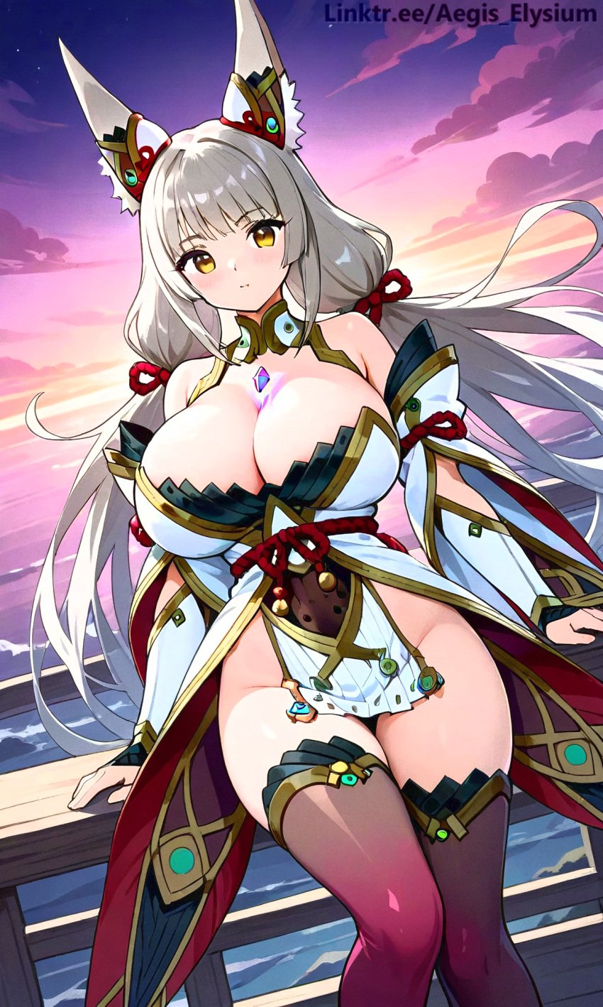 1girls absurdly_long_hair aegis_elysium afternoon ai_art ai_generated alternate_breast_size background blush breasts breasts_bigger_than_head cleavage cloud clouds core_crystal day dress earrings female female_focus fence gem hair_ornament headpiece highres huge_breasts jewelry landscape large_breasts light long_hair nekomimi nia nia_(blade) nia_(blade)_(xenoblade) nia_(xenoblade) nintendo older outdoors room scenery sexy silver_hair sitting sofa solo_focus swept_bangs thighhighs thighs tiara wall wardrobe watermark wood wooden_fence xenoblade_(series) xenoblade_chronicles_(series) xenoblade_chronicles_2 yellow_eyes