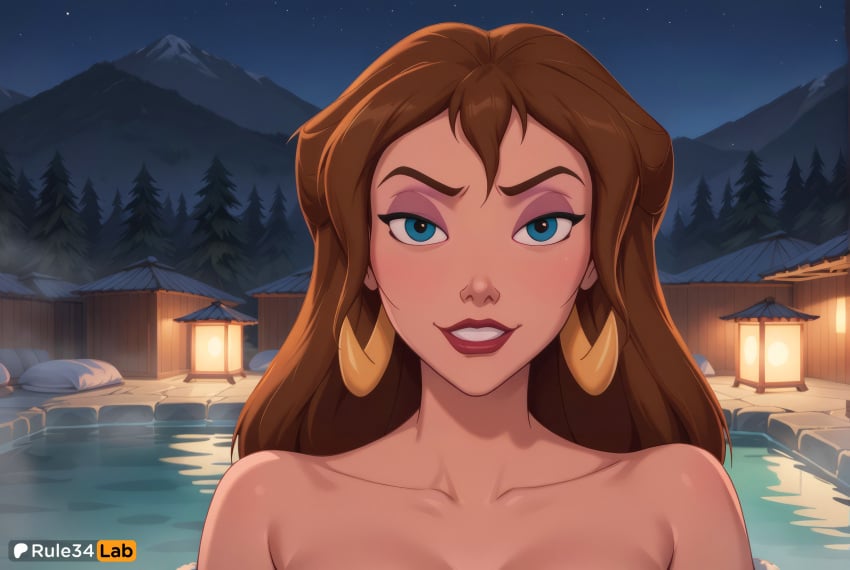 1girls ai_generated artist_name blue_eyes brown_hair collarbone disney earrings female hi_res jane_porter jewelry long_hair looking_at_viewer makeup night night_sky nude onsen outdoors rock rule34lab sky smile solo tarzan_(1999_film) teeth tree walt_disney water