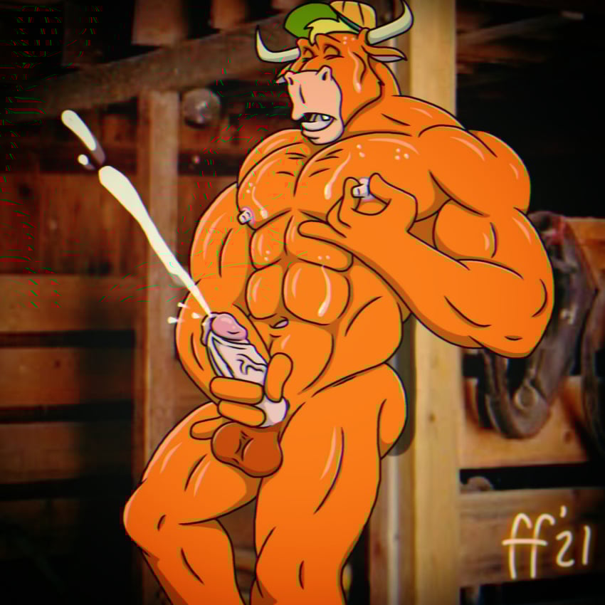 1:1 2021 2_horns abs anthro balls biped blonde_hair bodily_fluids bovid bovine cattle closed_eyes clothing cum digital_drawing_(artwork) digital_media_(artwork) ejaculation fabfelipe fur genital_fluids genitals hair hat hat_only headgear headgear_only headwear headwear_only hi_res horn humanoid_genitalia humanoid_penis male mammal masturbation mostly_nude mostly_nude_anthro mostly_nude_male muscular muscular_anthro muscular_male navel open_mouth orange_body orange_fur pecs penis pinup pose solo sundazed_kid sweat tongue vein veiny_penis wild_west_c.o.w.-boys_of_moo_mesa