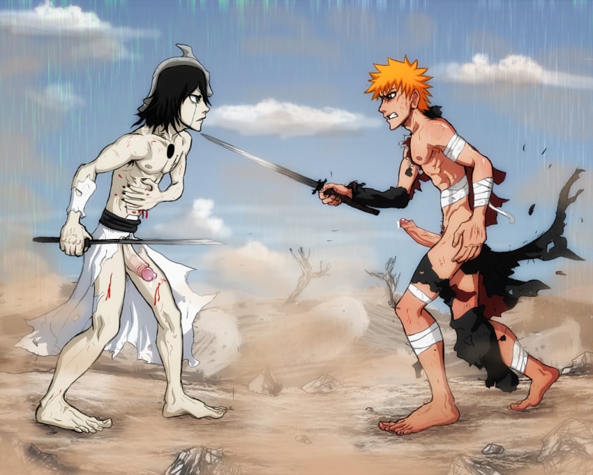 2boys anma barefoot bleach feet gay ichigo_kurosaki male orange_hair pale_skin penis torn_clothes ulquiorra_cifer yaoi