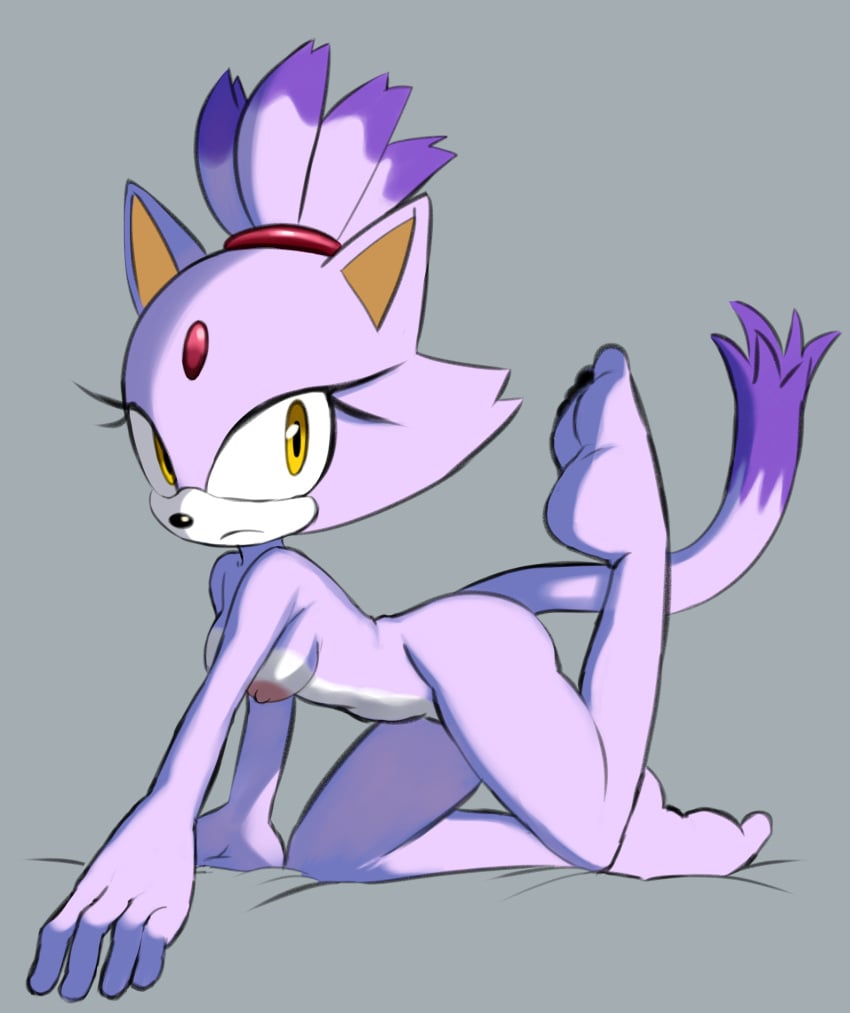 accessory all_fours anthro barefoot blaze_the_cat breasts dipstick_tail domestic_cat feet felid feline felis female forehead_gem fur gem hair_accessory hi_res looking_at_viewer mammal markings multicolored_body multicolored_fur nipples purple_body purple_fur rokkerth sega solo sonic_(series) sonic_the_hedgehog_(series) tail tail_markings white_body white_fur yellow_eyes
