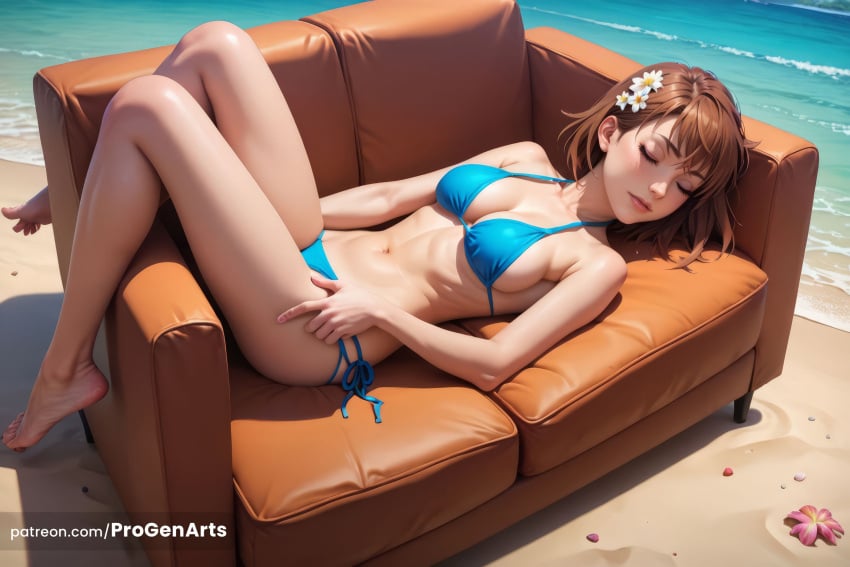 1girls ai_generated artist_name bare_legs barefoot beach bikini blue_bikini breasts brown_hair cleavage closed_eyes closed_mouth couch day feet female flower full_body hair_flower hair_ornament halterneck hi_res legs lips lying medium_breasts medium_hair misaka_mikoto navel nose ocean on_back outdoors patreon_username progenarts sand short_hair side-tie_bikini_bottom solo stomach string_bikini swimsuit to_aru_kagaku_no_railgun to_aru_majutsu_no_index toes water