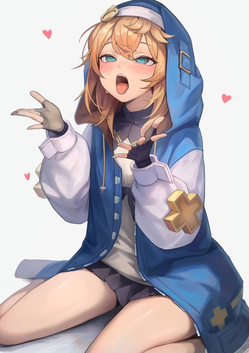 1boy 1girls absurdres black_gloves blonde_hair blue_eyes blush bridget female fingerless_gloves gloves guilty_gear guilty_gear_strive hakusyokuto highres hood hood_up hooded_jacket jacket long_sleeves male medium_hair nun open_mouth skirt solo trans trans_woman transfem transgender transgender_woman trap