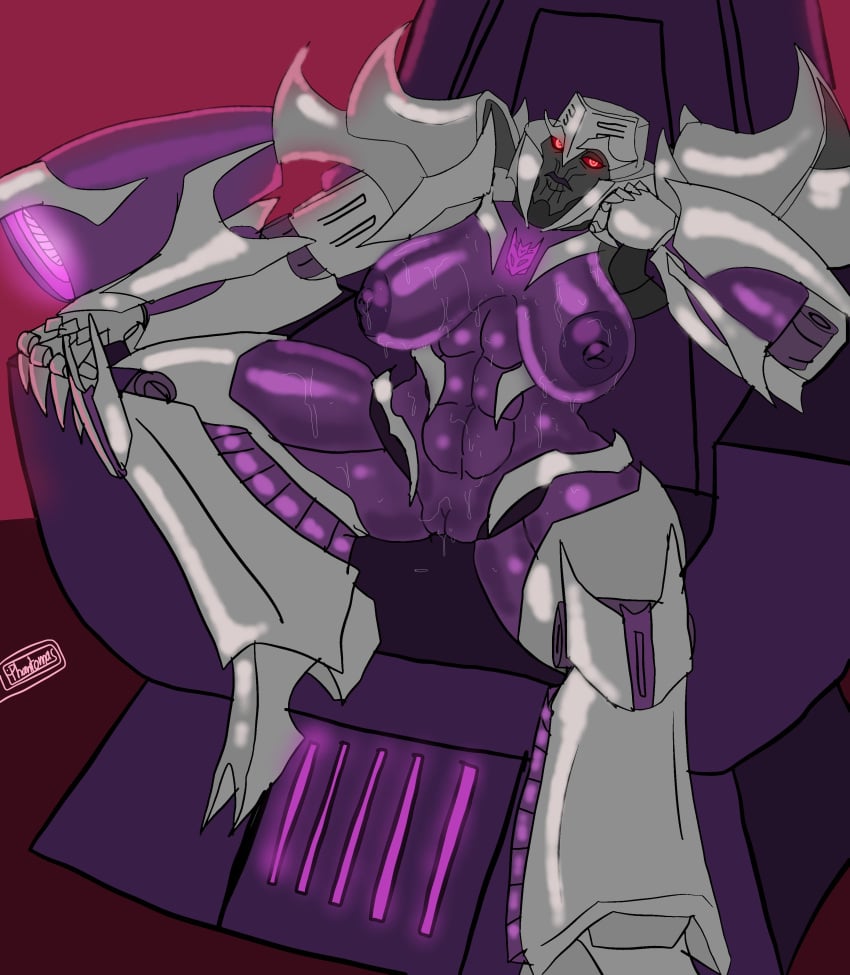 alien arm_cannon megatron muscular_female phantomas(artist) purple_body purple_nipples robot robot_girl robot_humanoid rule_63 sitting sweat throne transformers transformers_prime villainess