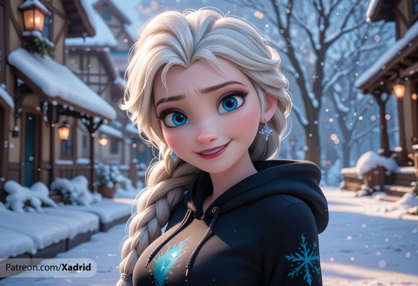 ai_generated artist_name blonde_hair blue_eyes blurry braid breasts disney disney_channel disney_princess earrings elsa_(frozen) female frozen frozen_(film) frozen_2 hair_over_shoulder hood hood_down hoodie jewelry lamppost lips long_hair looking_at_viewer makeup open_mouth outdoors patreon_username single_braid smile snow snowflakes snowing solo tree upper_body watermark web_address winter xadrid