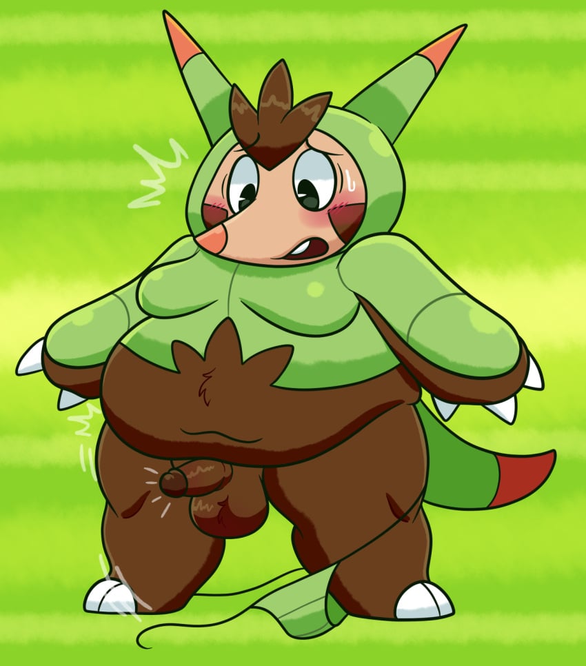2025 anthro balls belly big_belly blush brown_body generation_6_pokemon genitals green_background hi_res male moobs nintendo overweight overweight_male penis pokemon pokemon_(species) quilladin simple_background sinribbons solo surprised
