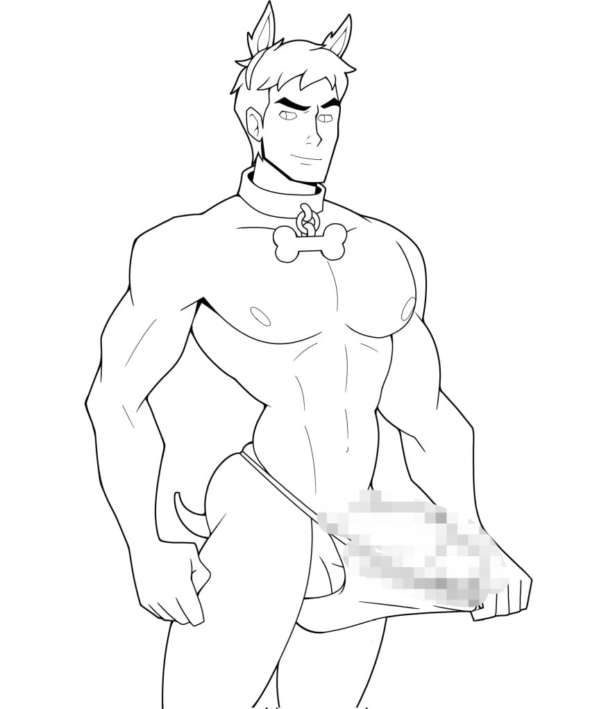 censored collar dc dcau dog_ear_headband dog_tail justice_league justice_league_vs._the_fatal_five line_art male male_only mosaic_censoring muscular muscular_male solo solo_focus solo_male standing thom_kallor thong thong_pull uncolored yuunsfw