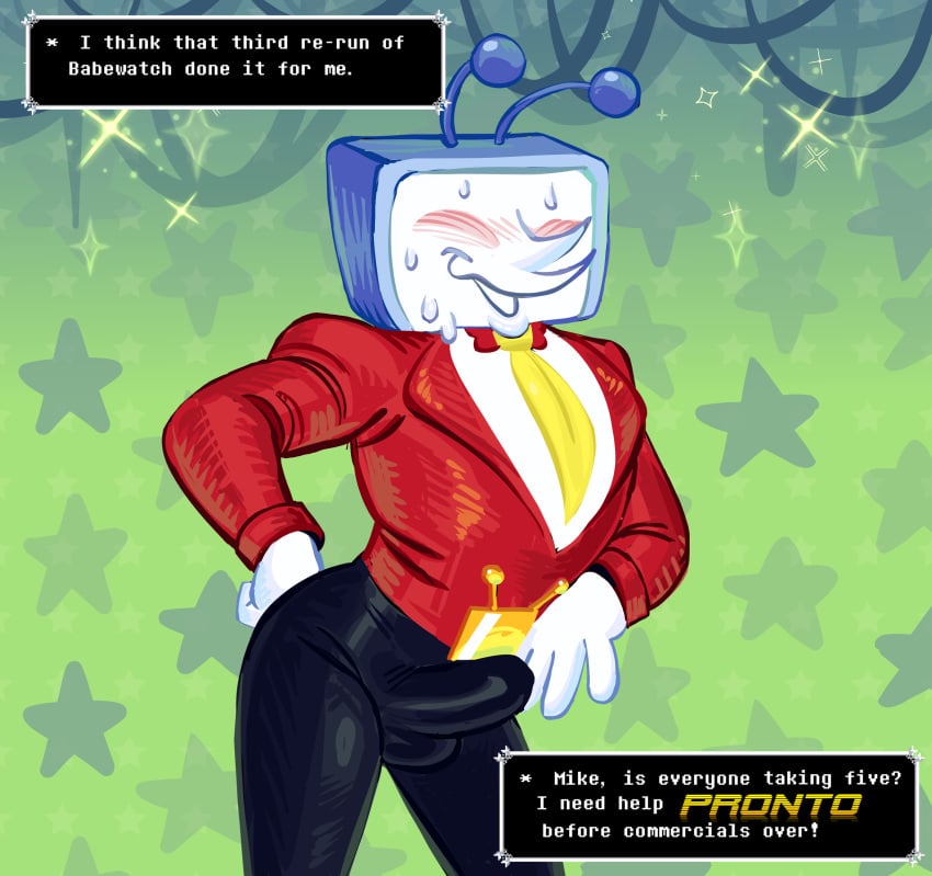 1boy antennae_(anatomy) blush bulge_through_clothing bulge_under_clothes deltarune deltarune_chapter_3 male male_only necktie non-human non-human_only penis sweat tenna_(deltarune) tight_clothing toony_face