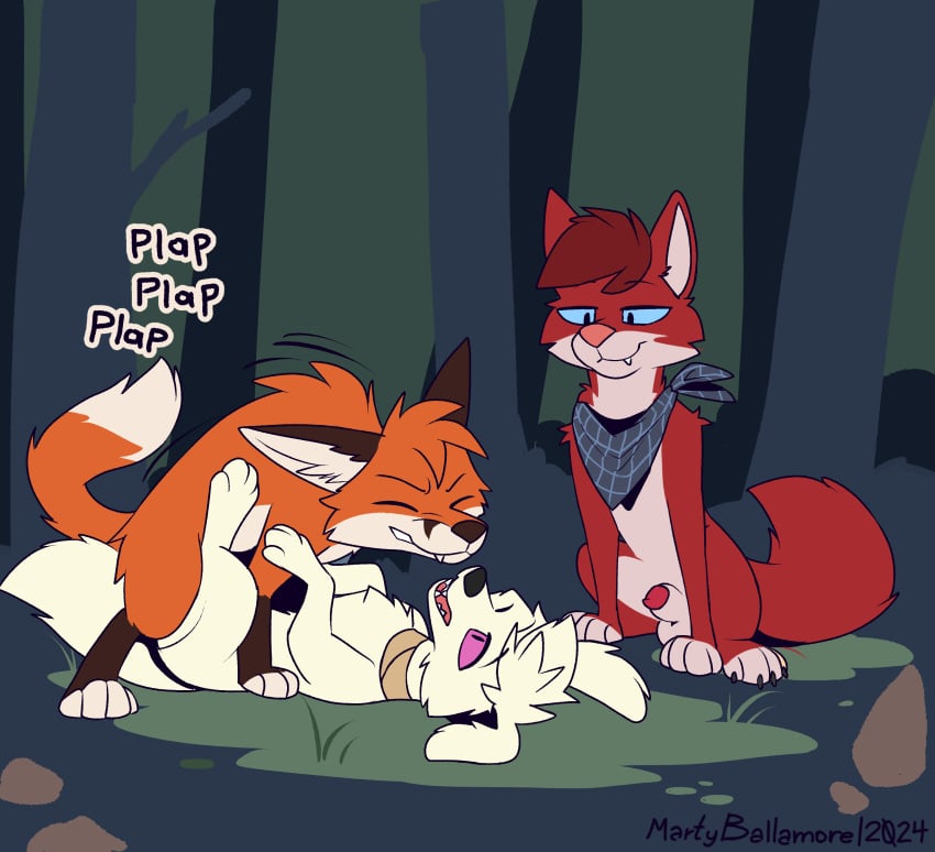 absurd_res ambiguous_gender ambiguous_penetrated bared_teeth between_legs blue_eyes canid canine closed_eyes closed_smile fangs feral feral_on_feral feral_penetrated feral_penetrating feral_penetrating_feral floppy_ears forest fox fur group hair hi_res lying male male/ambiguous male_penetrating male_penetrating_ambiguous mammal martin_ballamore martinballamore mouth_closed narrowed_eyes obscured_penetration on_back open_mouth orange_body orange_fur orange_hair outside penetration pink_eyes plant red_body red_fur red_hair sex shrub side_view smile teeth tree trio voyeur white_body white_fur white_hair