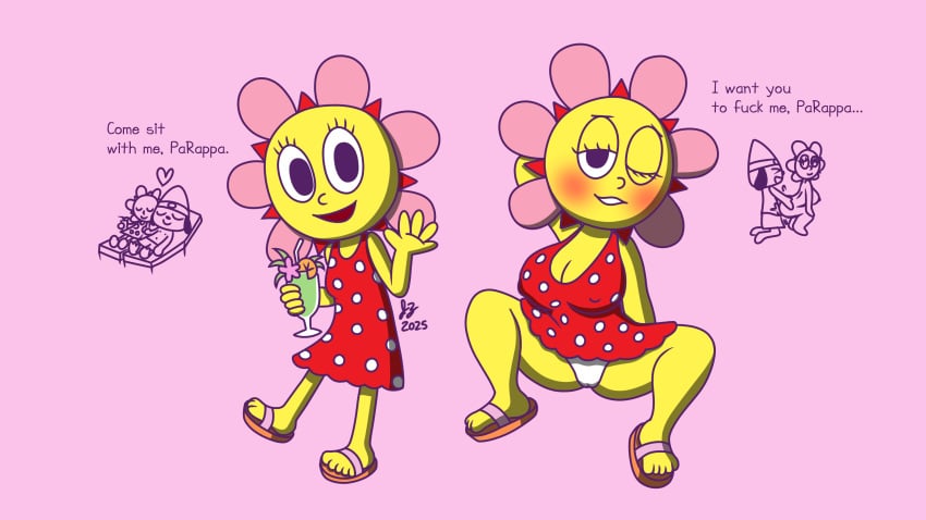 absurd_res anthro aroused big_breasts blush breasts canid canine canis canon_couple cleavage clothed clothing curvy_figure dialogue domestic_dog elemental_creature elemental_humanoid erect_nipples female flora_fauna flower footwear hi_res huge_breasts humanoid kamirappa male male/female mammal nipples parappa parappa_the_rapper plant plant_humanoid sandals shoes sitting solo sony_corporation sony_interactive_entertainment spread_legs spreading summer sunny_funny text um_jammer_lammy voluptuous voluptuous_female