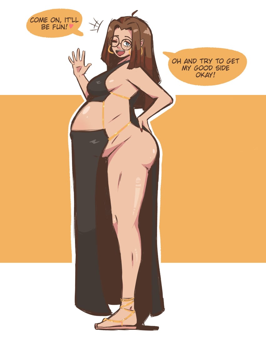 1girls arbrianarchy english_dialogue english_text hand_on_waist original_character pregnant pregnant_female side_view winking_at_viewer