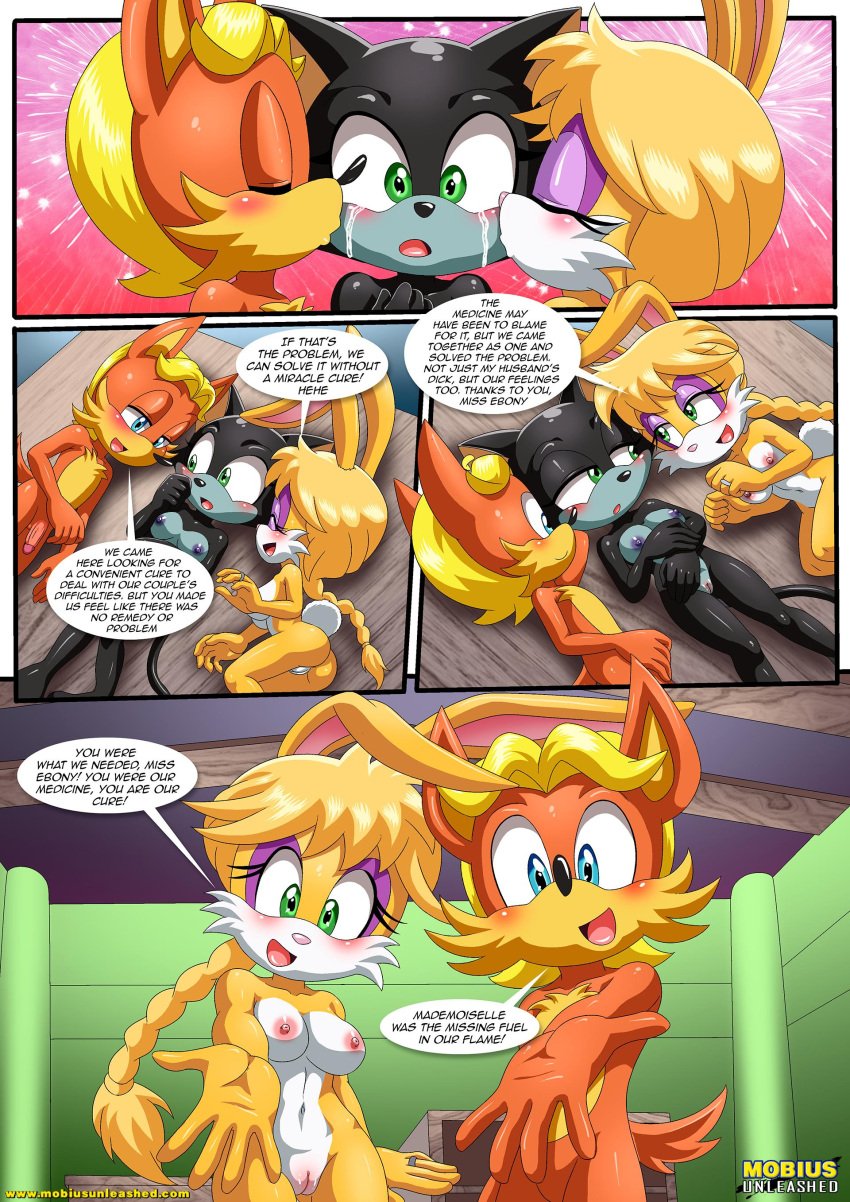 1boy 2girls anthro antoine_d'coolette ass balls bbmbbf bisexual bisexual_female blush breasts bunnie_rabbot comic crying ebony_the_cat female female/female how_many_times_per_day_(comic) kissing male male/female mobius_unleashed nipples nude palcomix penis pussy sega sonic_(series) sonic_the_hedgehog_(series) tears threesome
