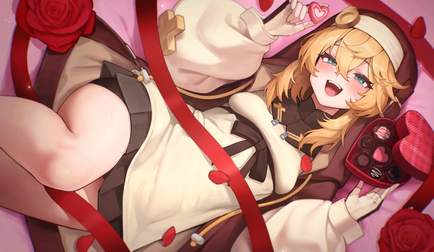 1boy :d absurdres alternate_costume baggy_clothes blonde_hair blue_eyes blush bridget candy chocolate chocolate_heart commentary_request food guilty_gear guilty_gear_strive hakusyokuto heart heart-shaped_food highres looking_at_viewer lying male male_focus medium_hair nun on_back open_mouth smile solo thighs trap valentine