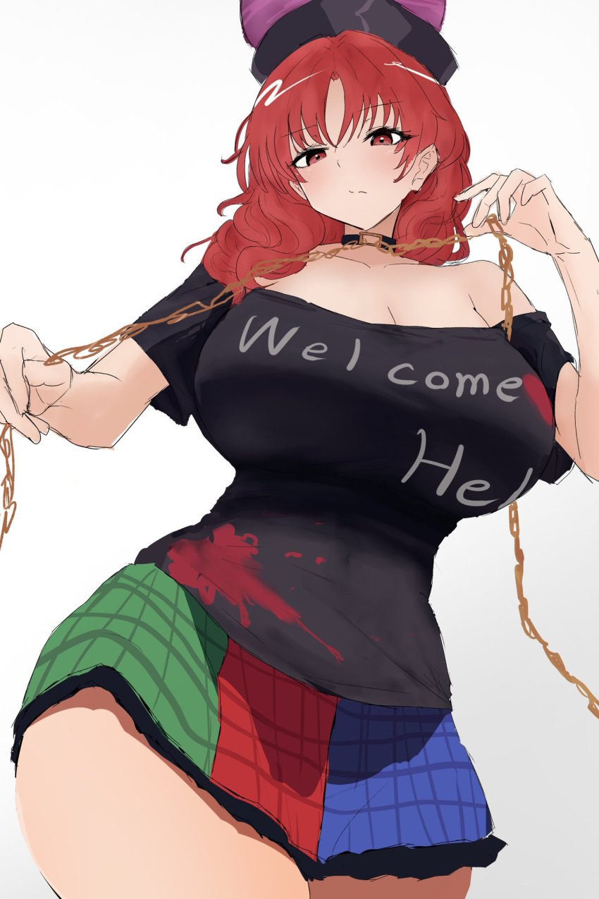 1girls big_breasts breasts cleavage clothed_female goddess hat hecatia_lapislazuli light-skinned_female mature_female moriforest1040 red_eyes red_hair skirt solo solo_female text_on_clothing thick_thighs thighs touhou