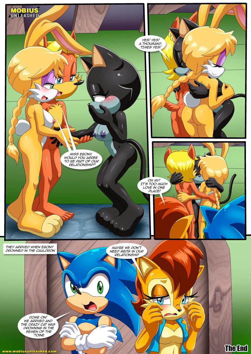 2girls 3boys anthro antoine_d'coolette barefoot bbmbbf bisexual bisexual_female blush breasts bunnie_rabbot comic crying ebony_the_cat feet female female/female how_many_times_per_day_(comic) hug male male/female mobius_unleashed nipples nude palcomix sally_acorn sega sonic_(series) sonic_the_hedgehog sonic_the_hedgehog_(series) tears
