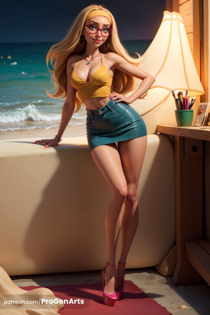 1girls ai_generated artist_name beach big_hero_6 blonde_hair blue_eyes bracelet breasts cleavage crop_top denim denim_skirt disney earrings female full_body glasses green_eyes hairband hand_on_own_hip hi_res high_heels honey_lemon hoop_earrings jewelry lamp lips lipstick long_hair looking_at_viewer makeup marvel marvel_comics medium_breasts midriff miniskirt nail_polish navel necklace night ocean pencil_skirt pink_footwear progenarts skirt smile solo standing water yellow_tank_top