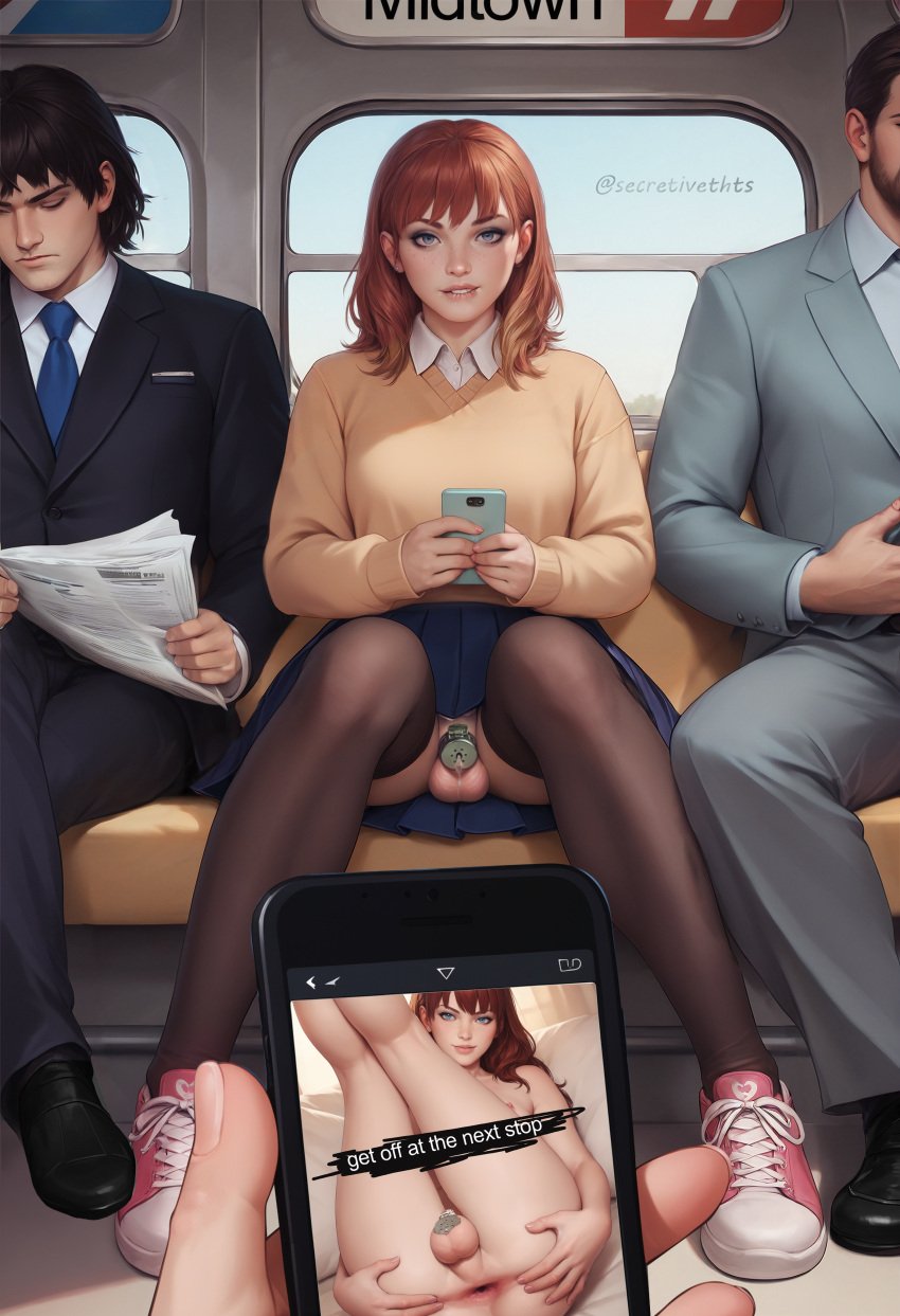 1boy ai_generated chastity_cage femboy flat_chastity_cage leaking_precum male pov precum public secretivethoughts_(artist) short_hair texting thighhighs train train_interior upskirt