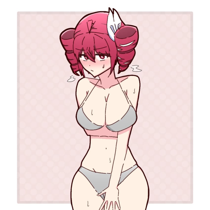 1girls 2d 2d_(artwork) ahoge arm_under_breasts artist_request big_breasts blush bra breasts cameltoe cleavage clothed comic covering curvy curvy_female curvy_figure embarrassed embarrassed_female female female_only hair_ornament hairbow kasane_teto kasane_teto_(sv) large_breasts navel panties red_eyes red_hair simple_background skindentation solo solo_female sweat sweating synthesizer_v twin_drills underwear utau wide_hips