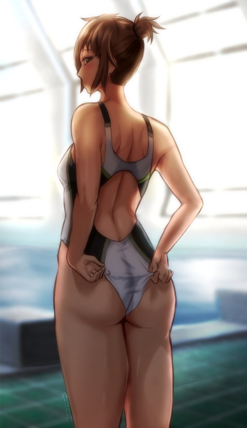 1girls ass background_character breasts brown_hair embarrassed female female_human fit fit_female freckles green_eyes hi_res highres human indoors looking_back lyliana_santos_(stickvenezuela) one-piece_swimsuit original original_character rear_view sideboob slim_waist small_breasts stickvenezuela swimming_pool swimsuit tagme teenage_girl teenager thick_ass thighs wide_hips