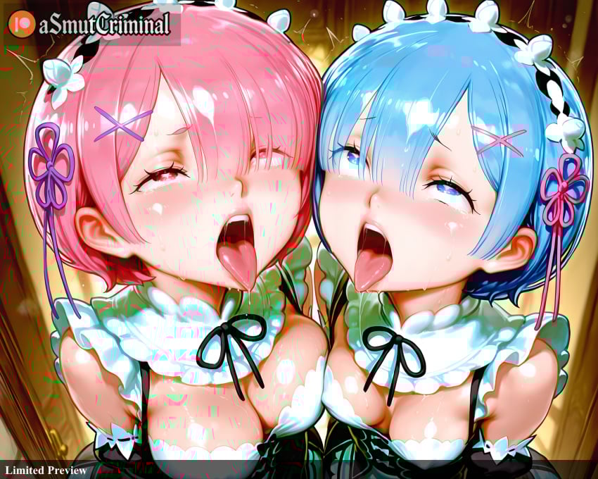 2girls ai_generated asmutcriminal blue_eyes blue_hair blush breasts cleavage detached_sleeves from_above hair_ornament hair_over_one_eye licking looking_at_viewer maid maid_headdress medium_breasts multiple_girls open_mouth pink_eyes pink_hair pink_ribbon purple_ribbon ram_(re:zero) re:zero_kara_hajimeru_isekai_seikatsu rem_(re:zero) roswaal_mansion_maid_uniform saliva short_hair siblings sisters straight symbol-shaped_pupils tagme tongue tongue_out twins x_hair_ornament