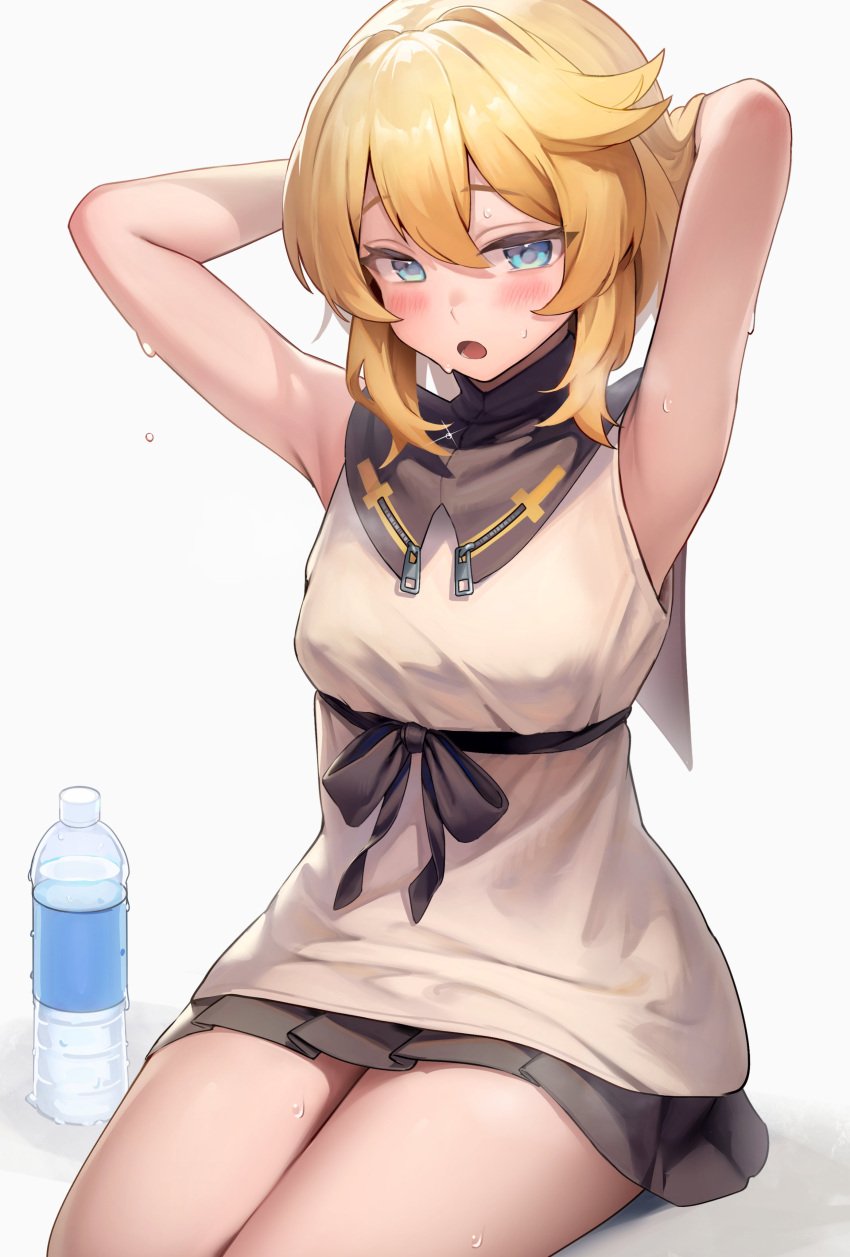 1boy 1girls absurdres arm_behind_head armpits black_bow black_skirt blonde_hair blue_eyes blush bottle bow breasts bridget commentary english_commentary eyelashes feet_out_of_frame female guilty_gear guilty_gear_strive hair_between_eyes hakusyokuto highres legs_together male miniskirt open_mouth pleated_skirt short_hair sidelocks sitting skirt sleeveless solo sweat thighs tongue trans trans_woman transfem transgender transgender_woman trap water_bottle zipper zipper_pull_tab