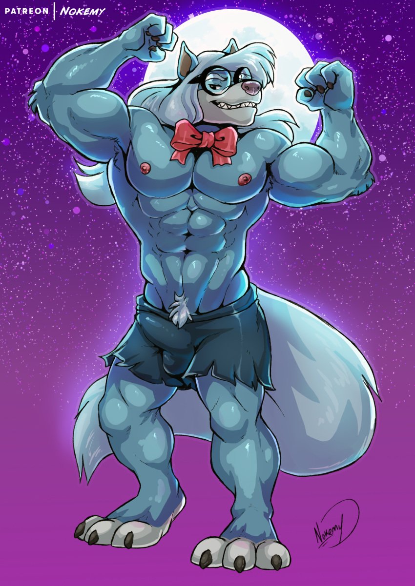 anthro blue_body blue_fur bottomwear bow_tie bulge canid canine canis clothing delicatessen eyewear fur glasses hair hi_res long_hair male male_only mammal muscular muscular_male pants solo white_hair wilford_wolf wolf