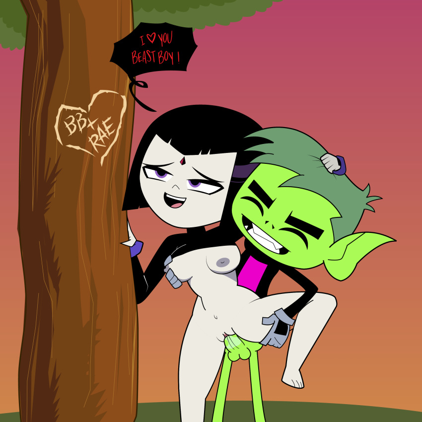 1boy 1boy1girl 1girls beast_boy black_hair breast_grab breasts cartoon_network dc dc_comics demon_girl female/male female_penetrated forehead_jewel from_behind garfield_logan green_hair green_penis green_skin grey_skin leg_up medium_breasts metahuman no_pants pale-skinned_female pale_skin partially_clothed pointy_ears public_sex purple_eyes pussy rachel_roth raven_(dc) short_hair superhero superheroine supermirukuu teen_titans teen_titans_go tree