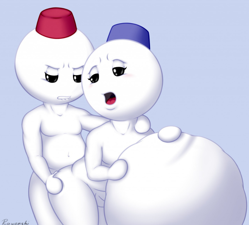 2015 anal balls blush clenched_teeth clothing duo fez genitals hat headgear headwear male male/male navel open_mouth penis rawenski snow_bro_(snow_bros.) snow_bros snowball snowman teeth