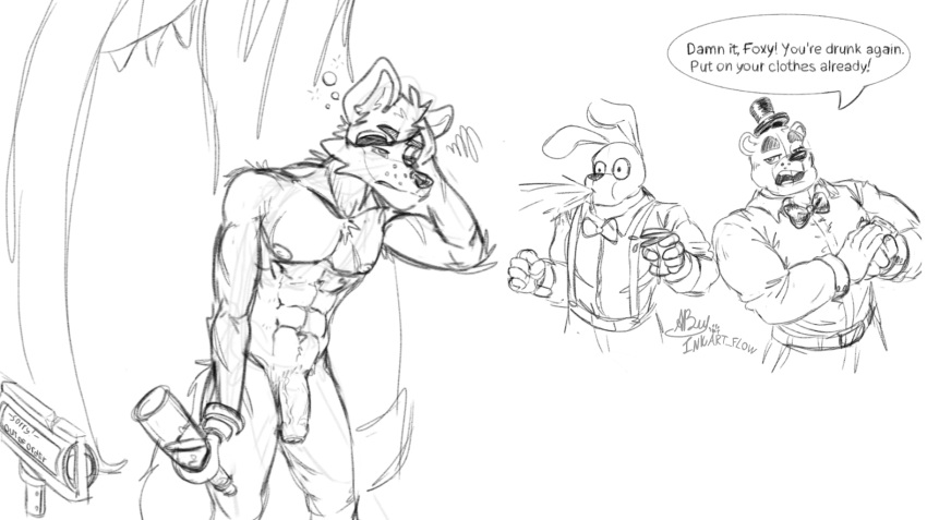 5_fingers abs anthro belt bonnie_(fnaf) bottle bottomwear bow_tie canid canine clothed clothing curtains dialogue drunk english_text eye_patch eyewear fingers five_nights_at_freddy's flaccid fox foxy_(fnaf) freddy_(fnaf) genitals group hi_res holding_bottle holding_cup holding_object hook_hand humanoid_genitalia humanoid_penis inkart_flow lagomorph leporid male male_only mammal monochrome muscular muscular_male nude penis rabbit scar simple_background speech_bubble spit-take substance_intoxication text topwear uncut ursid vein video_games white_background