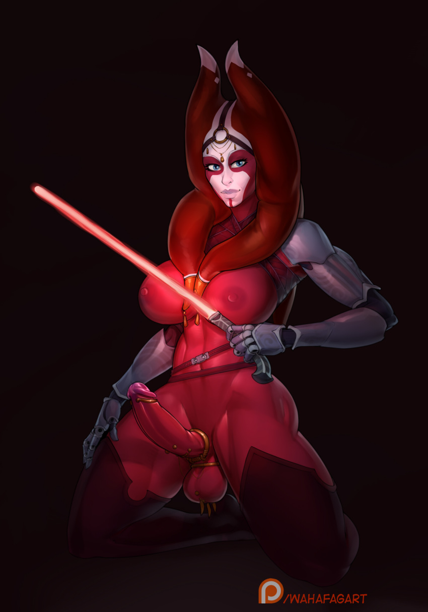 1futa areolae balls breasts cock_ring dickgirl erection futa_only futanari lightsaber looking_at_viewer nipples penis red_lightsaber solo solo_futa star_wars tagme testicles togruta wahafagart