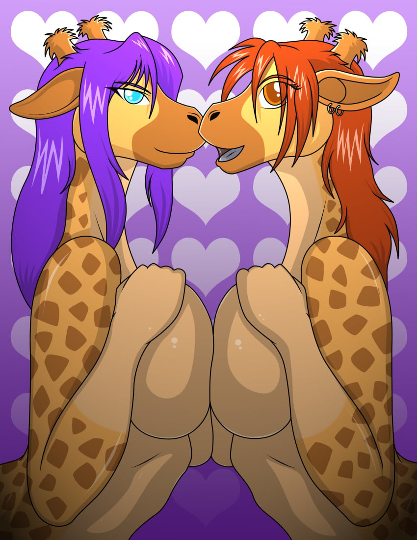 2girls anthro big_breasts blue_eyes breast_squeeze breasts brown_eyes brown_hair danielssj diamond_(kadath) earrings giraffe horns kadath_universe multiple_girls open_mouth puzzle_(kadath) simple_background symmetrical_docking violet_hair yuri