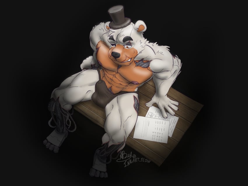 4_toes 5_fingers abs animatronic anthro balls_outline bodily_fluids brown_clothing brown_underwear bulge clothed clothing exposed_endoskeleton fingers five_nights_at_freddy's fur genital_fluids genital_outline hat headgear headwear hi_res high-angle_view inkart_flow machine male male_only mammal molten_freddy muscular muscular_male nipples orange_eyes paper penis_outline precum precum_through_clothing precum_through_underwear robot sitting solo toes top_hat topless underwear ursid video_games wet wet_clothing white_body white_fur