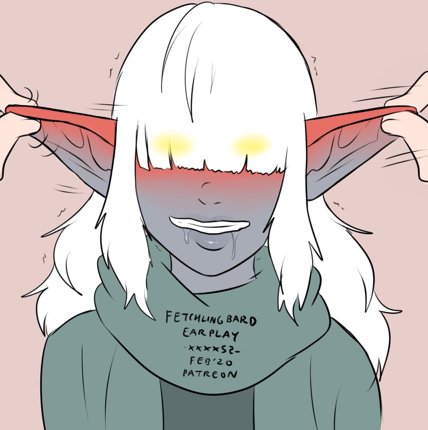 blush drooling ear_blush ear_play ear_rub eargasm eyes_covered female female_focus fetchling hair_covering_eye long_ears long_hair original_character pathfinder patreon uncommon_stimulation white_hair xxxx52