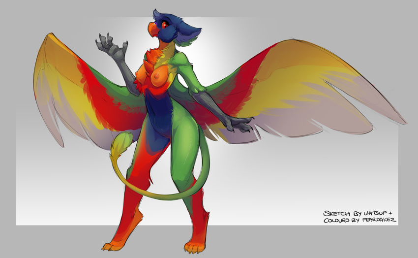 2020 4_fingers anthro avian beak breasts feardakez feathered_wings feathers female fingers genitals grey_background gryphon looking_aside multicolored_body mythological_avian mythology navel nipples non-mammal_breasts nude pussy red_sclera simple_background solo standing watsup wings