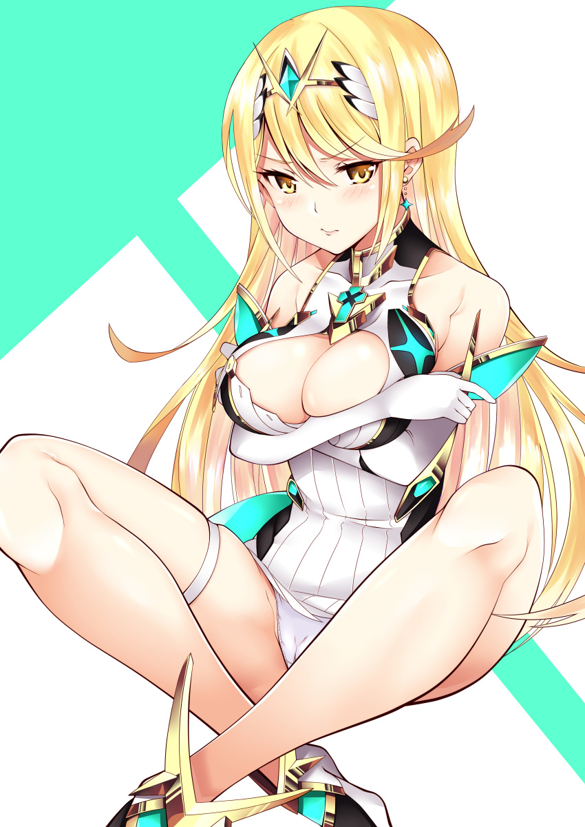 1girls absurdres bare_shoulders blonde_hair breasts chest_jewel commentary_request daive earrings elbow_gloves eyebrows_visible_through_hair female gem gloves green_background hair_between_eyes headpiece highres hikari_(xenoblade_2) jewelry large_breasts legs long_hair looking_at_viewer mythra nintendo sitting sitting_indian_style solo two-tone_background white_background white_gloves xenoblade_(series) xenoblade_chronicles_2 yellow_eyes