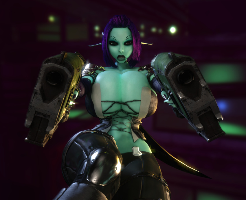 1girls 3d 3d_(artwork) blue_skin breasts breasts_bigger_than_head breasts_bigger_than_torso cleavage clothed clothed_female corset female female_only female_solo gigantic_breasts gun heterochromia holding_gun holding_object holding_weapon huge_breasts long_ears long_pointy_ears looking_at_viewer midriff pointy_ears purple_hair solo solo_female soria thick_thighs thighs vaako weapon wide_hips