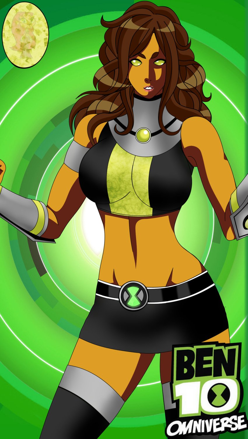 alien alien_girl alien_humanoid athletic athletic_female ben_10 ben_tennyson ben_tennyson_(omniverse) benfire breasts breasts_bigger_than_head brown_hair dc dc_comics female_ben gender_transformation genderbent genderswap_(mtf) green_eyes koriand'r maudxie midriff omnitrix rule_63 short_skirt starfire superheroine tamaranean tan_body tank_top teen_titans thick_thighs