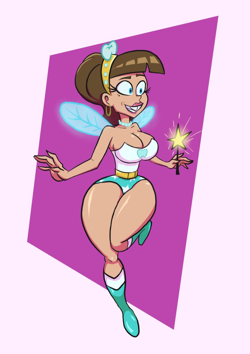 aged_up big_ass big_breasts blue_eyes brown_hair cosplay earrings gearfou genderswap_(mtf) large_ass large_breasts milf nickelodeon pink_background purple_background rule_63 the_fairly_oddparents thick_thighs timantha timmy_turner wide_hips wings