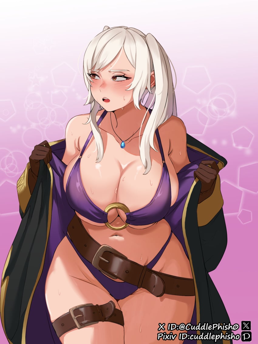 1girls alternate_costume bare_shoulders belt bikini blush breasts brown_eyes brown_gloves cleavage cowboy_shot cuddlephish0 curvy embarrassed female female_only fire_emblem fire_emblem_awakening fire_emblem_heroes gloves gradient_background highres hooded_robe huge_breasts jewelry long_hair long_sleeves looking_to_the_side navel necklace nintendo o-ring o-ring_bikini o-ring_top official_alternate_costume open_mouth pixiv_id purple_bikini purple_robe purple_swimsuit removing_coat robe robin_(female)_(summer)_(fire_emblem) robin_(fire_emblem) robin_(fire_emblem)_(female) solo sweat swimsuit twintails twitter_username white_hair wide_hips