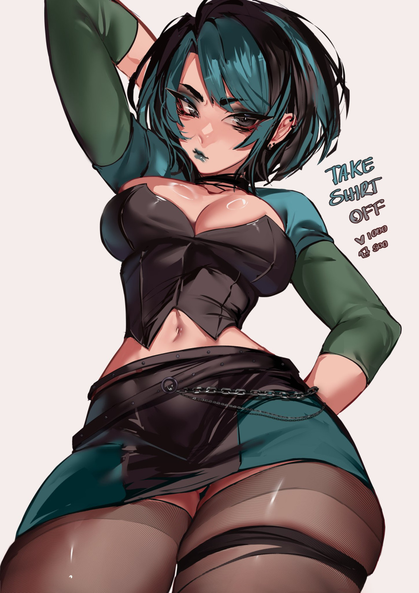 1girls arm_up big_breasts black_hair clothed clothing color female female_focus female_only goth goth_girl green_hair gwen_(tdi) hi_res large_breasts light-skinned_female light_skin looking_at_viewer short_hair solo solo_female suliavtuber tagme teal_hair teal_lipstick thick_thighs total_drama_island