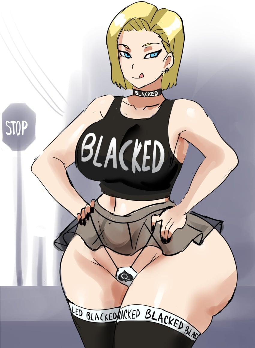 1girls android_18 blacked blacked_clothing blonde_hair blue_eyes choker dragon_ball dragon_ball_super dragon_ball_z earrings female female_only gtsn17 huge_breasts licking_lips queen_of_spades short_skirt slutty_clothing solo wide_hips