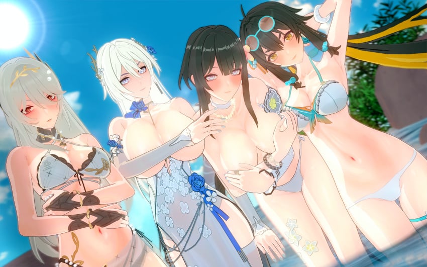 4girls aether_gazer bikini bikini_bottom bikini_top black_hair blue_eyes female female_focus female_only gengchen_(aether_gazer) hades_(aether_gazer) huge_breasts jinwu_(aether_gazer) juedge large_breasts long_hair looking_at_viewer looking_down medium_breasts multiple_girls pool red_eyes short_hair silver_eyes swimsuit swimwear tagme white_hair yellow_eyes ying_zhao_(aether_gazer)