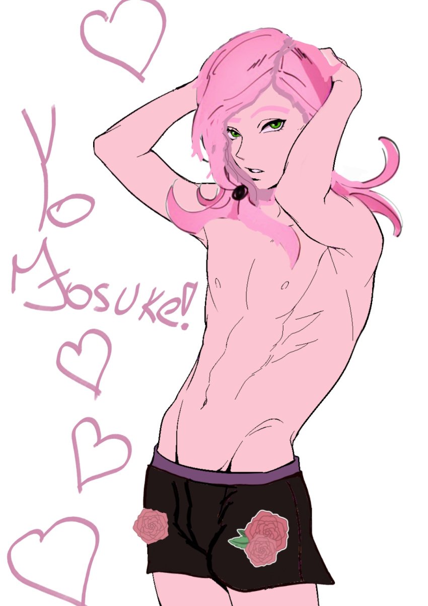 armpits arms_behind_head bulge eyebrows_raised genderswap_(ftm) green_eyes heart heart jojo's_bizarre_adventure jojolion looking_at_viewer muscles pink_hair rose rose_(flower) rule_63 rule_63 skinny text underwear yasuho_hirose