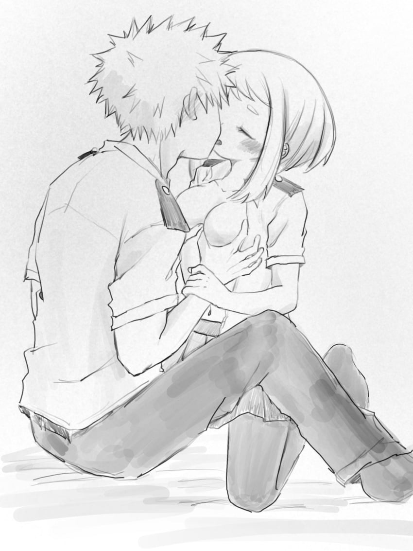 breasts female grchloex groping implied_sex katsuki_bakugou male my_hero_academia ochako_uraraka pantyhose passionate_kiss