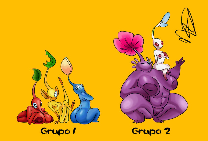 5girls abs alternate_breast_size ass_focus big_areola blue_pikmin carrying_partner chubby feet female group looking_at_viewer lying lying_on_stomach multiple_girls nude pikmin pikmin_(species) purple_pikmin red_pikmin rtired size_difference squatting thin trio white_pikmin wink yellow_pikmin