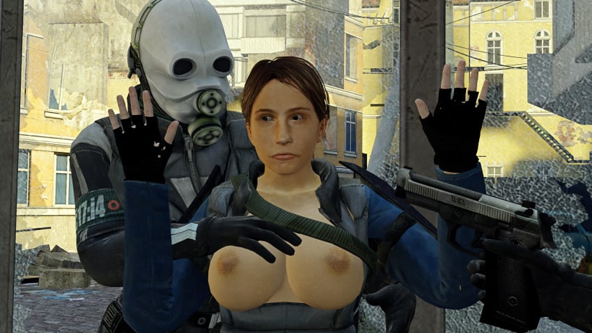 1boy armor armor_removed at_gunpoint breasts_out citizen female forced_exposure frustrated frustration giving_up gun half-life half-life_2 hands_up large_breasts rebel shy surrendering