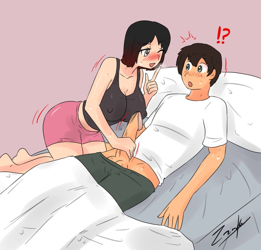 1boy 1girls bed bedroom black_hair black_hair_female blush clothed_female clothed_male erect_penis handjob nipples_visible_through_clothing oscar_pine red_highlights ruby_rose rwby silver_eyes sweat sweaty_body zronku